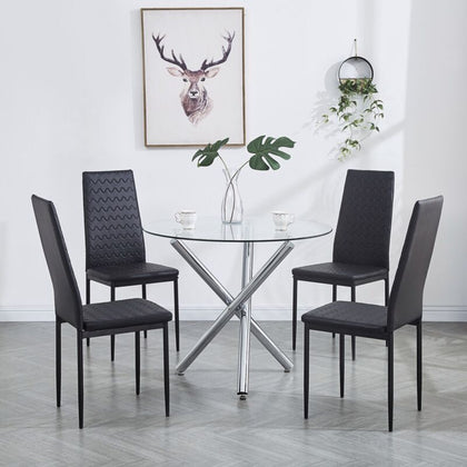4x Black Faux Leather Dining Chairs Round Tempered Glass Silver Leg Dining Table