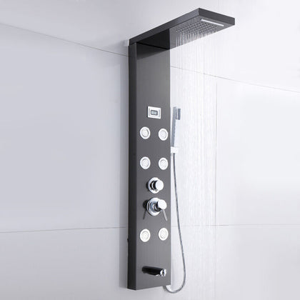 Modern Bathroom Black Column Mixer Shower Tower Panel W/ LCD Temperature Display