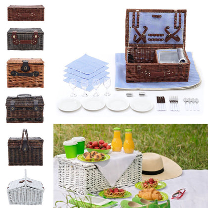 Rustic Wicker Woven Food Hamper 2/4 Person Cutlery Picnic Basket Set with Handle