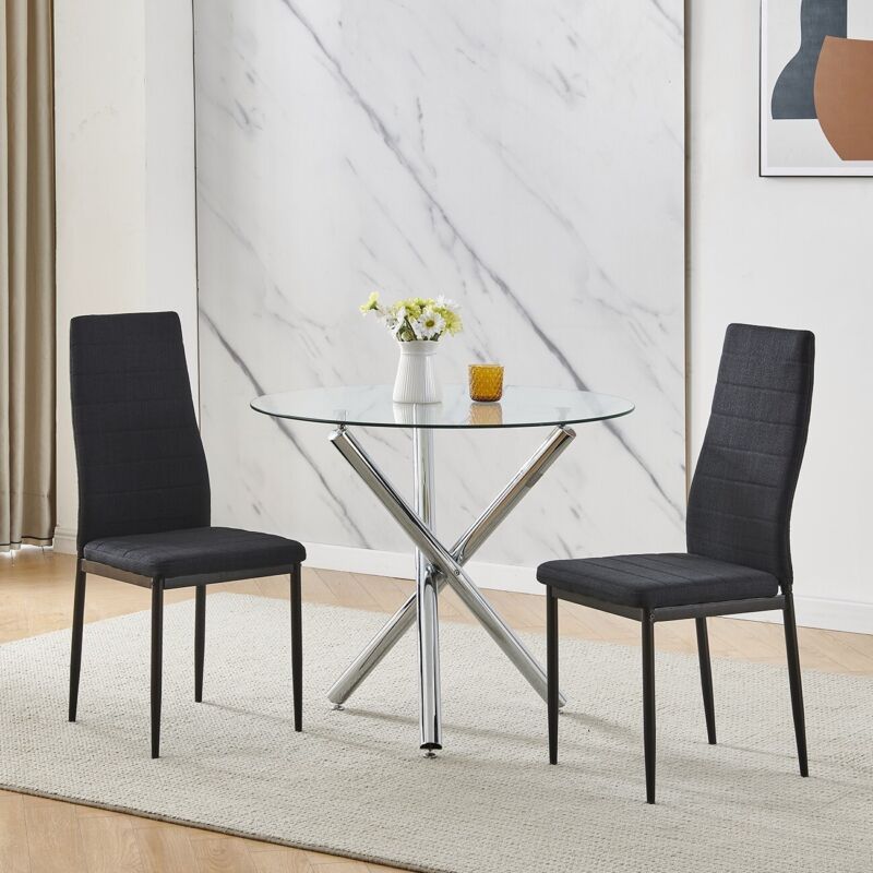 5Pcs Round Dining Table Set Glass Dining Table+ 4 Black Linen Dining C ...