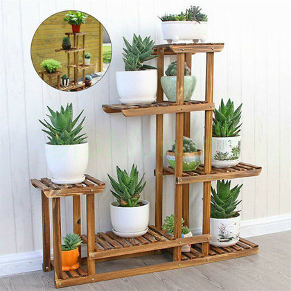 Upgrade Wooden Flower Pot Plant Stand Outdoor Indoor 6 Tier Rack Bonsai Display