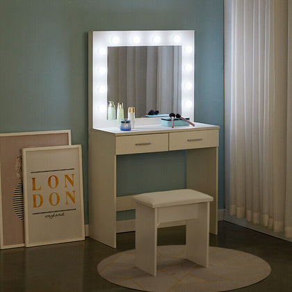 Modern White Dressing Table Makeup Desk With LED Mirror Stool 2 Drawers Bedroom