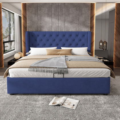 Ottoman Bed Frame Gas Lift Up Storage Double Size Blue Fabric Upholstered Bed