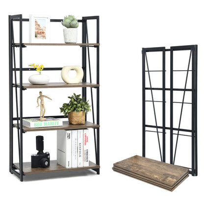 4-Tier Folding Bookshelf Industrial Bookcase Storage Organizer Display Stand