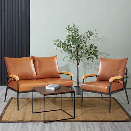 1/2/3 Seater Brown Faux Leather Sofa Armchair Couch Living Room Modern Metal Leg