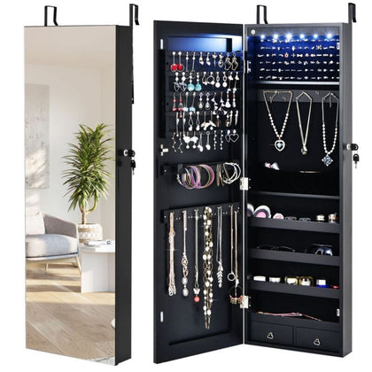 LED Lights Jewelry Cabinet Lockable Wall/Door Mounted Jewelry Armoire W/ Mirror