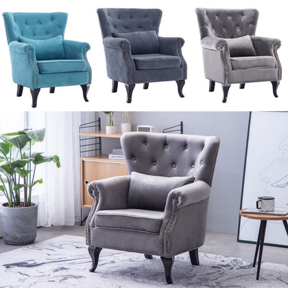 Occasional Accent Button Velvet Armchair Wing High Backrest Chair Fireside Seat