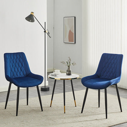 Set of 2 Blue Dining Chairs Diamond Velvet Padded Seat Back Dining Room Chair