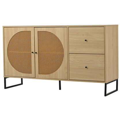 Rattan Sideboard Storage Cabinet Wooden Side Cabinet with 2 Doors 2 Drawers NS