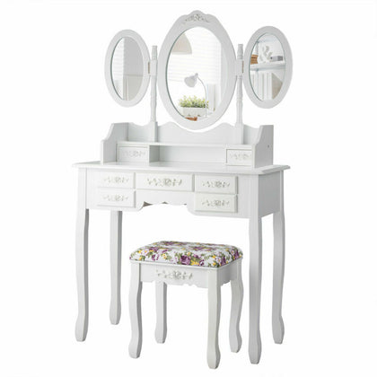 Folding Vanity Dressing Table 7 Drawers Makeup Table and Cushioned Stool Set