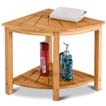 2-Tier Bathroom Shelf Shower Stool Fan-Shaped Bamboo Corner Storage Organizer