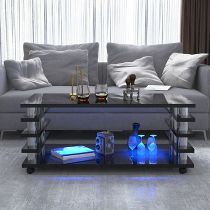 Black Mobile LED Coffee Table With Storage Shelves High Gloss Modern Living Room