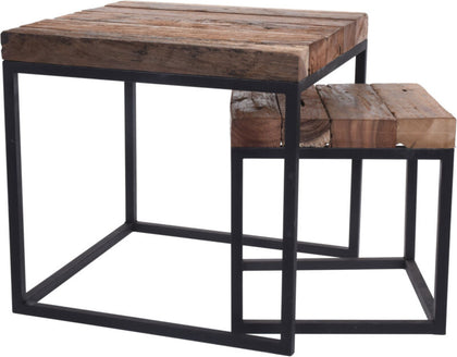 2pc Industrial Style Solid Teak Nesting Living Room End Tables With Metal Legs