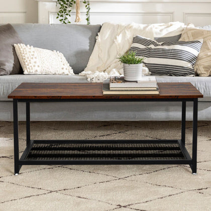 Coffee Table w/ Mesh Bottom Storage Wood Industrial Metal Side Table Livingroom