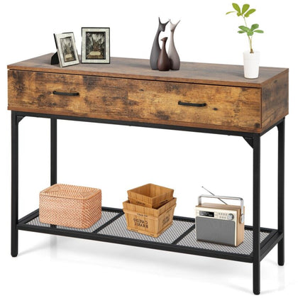 Industrial Console Table Narrow Sofa Side Table Hallway Table w/2-Drawer & Shelf