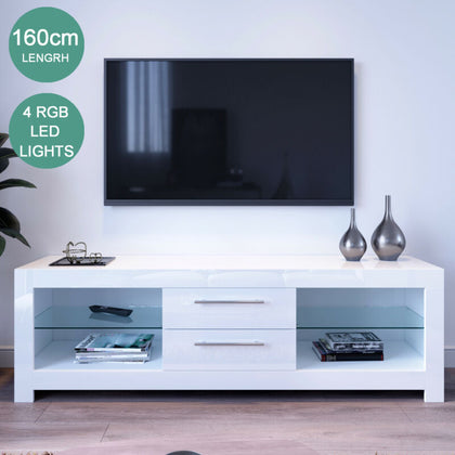 Modern 160cm TV Unit Cabinet White High Gloss Doors RGB LED Lights Stand