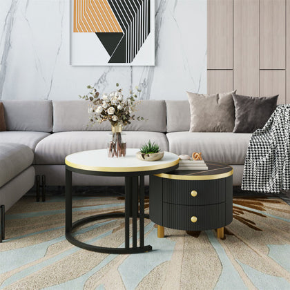 Set of 2 Round Nesting Coffee Table Stacking Side Tables w/ Drawers Space-saving