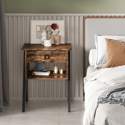 Bestirt Small Bedside Table w/ Drawer&Shelves for Bedroom Rustic Night Stand