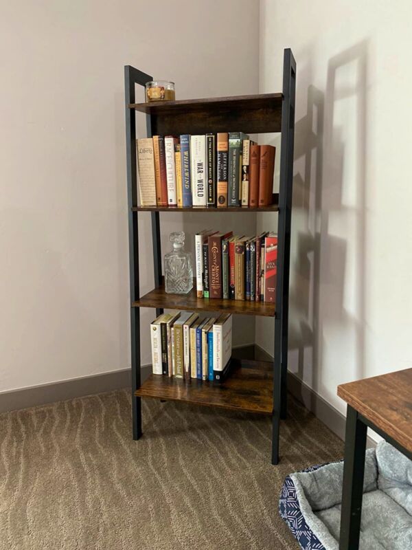 Industrial Ladder Bookcase 4 Tier Rustic Shelving Unit Metal Plant Sto