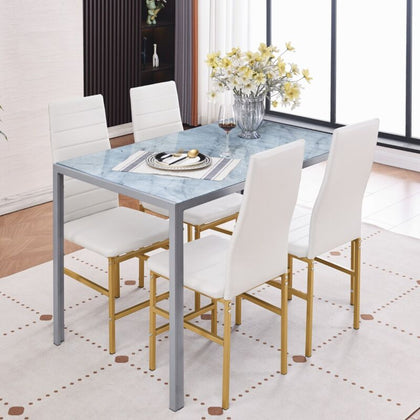 4x White Faux Leather Dining Chairs & Grey Marble Glass Dining Table Dining Set