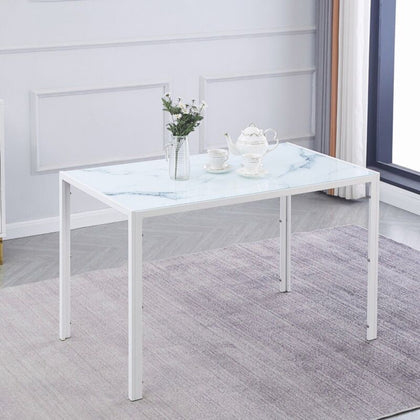 White Marble Effect Rectangular Tempered Glass Dining Table Dining Room Kitchen