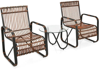 3 PCS Patio Rattan Wicker Rocking Bistro Set W/ Glass Table & Adjustable Feet