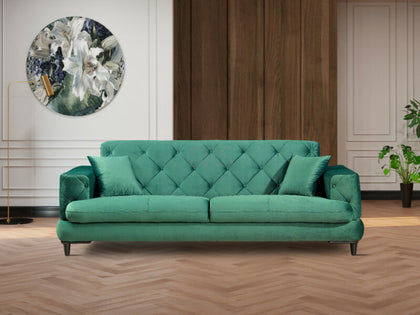 Fabric Sofa Bed 3 Seater Button Detail Wooden Legs With Built in Storage