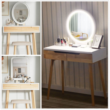 Dressing Table Set with 3-Mode LED Light Mirror Stool Vanity Wood Makeup Desk