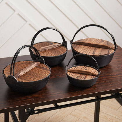 NonStick Cast Iron Pot with Wood Lid Cooking Hanging Stew Souppot Open Fire Pan