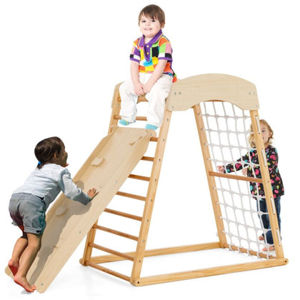 6 in 1 Wooden Climber Playset Double-sided Ramp Monkey Bars Climbing Net Ladder