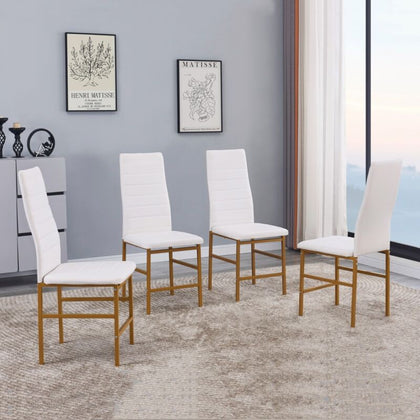 4pcs White Faux Leather Dining Chairs Golden Footrest Legs Kitchen Dining Room