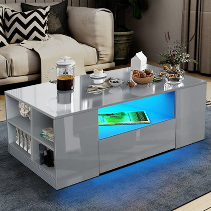 Coffee Table With Storage 2 Drawers High Gloss Living Room Furniture With LED