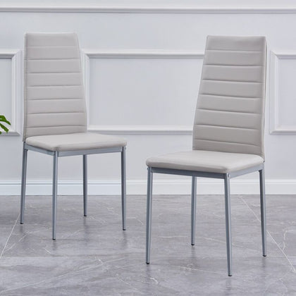 2x Grey Faux Leather High Back Dining Chairs Metal Legs Padded Seat Dining Room