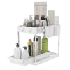 2 Tiers Under Sink Storage Shelf Organizer Rack 4 Hooks and 2 Hanging Cups White