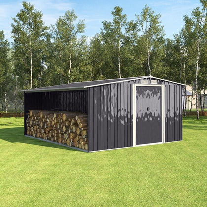 10*8ft Steel Garden Storage Shed Tool House w/ Firewood Store & Sliding Doors UK