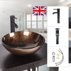 Bathroom Sink Bowl Wash Basin Countertop Tempered Glass Tap Waste Set Round