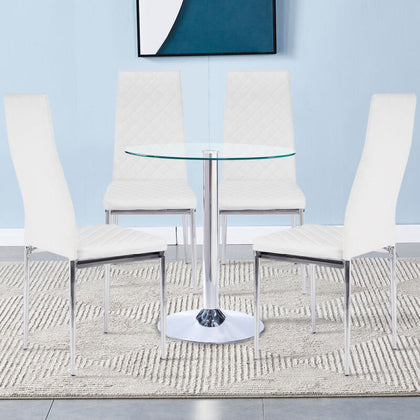 Glass Dining Table And 2/4 White Padded Chairs Set Office Home Kitchen Furniture