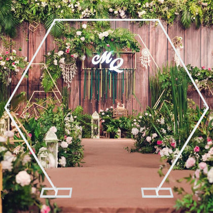 Elegant White Hexagon Wedding Arch Backdrop Stand Floral Arrangement Receptio