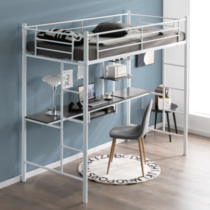 3.5FT Single Metal Loft Bed Frame High Sleeper Bunk Bed W/ Desk Storage Shelves