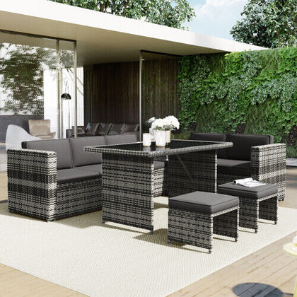 7 Seater Rattan Garden Patio Corner Sofa Set with Side Storage and Cushions NS