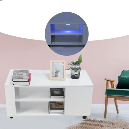 Coffee Table with Storage Shelves RGB LED Light Wood Living Room Side End Table