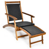 Folding Sun Lounger Acacia Wood Rattan Deck Reclining Chair Retractable Footrest