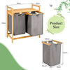 2-Section Laundry Sorter Basket Bamboo Laundry Hamper w/ Removable Sliding Bags