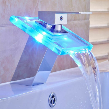 LED Waterfall Tap Bathroom Basin Taps Mixer Bath Single Lever Brass Deck Mounted