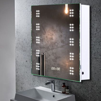 60 LED Light Mirrored Cabinet Demister Bathroom Shaver Socket With Digital Clock