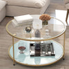 Round Glass Coffee Table with Golden Metal Legs & Shelf - Living Room Furniture