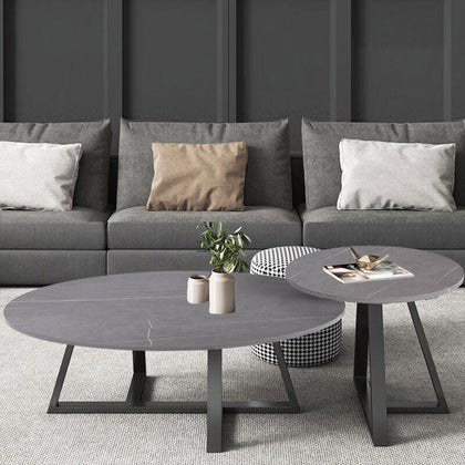 2pcs Industrial Vintage Coffee Table Marble Effect Nesting End Side Table Metal
