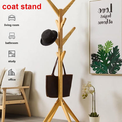 Hooks Wooden Coat Hat Clothes Umbrella Floor Standing Stand Tree Furniture Rack