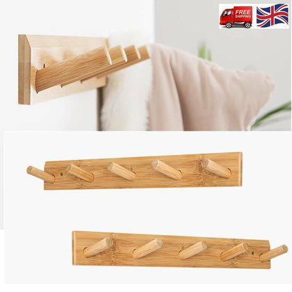 2 Pack Wooden Coat Rack Hooks Holder/ Wall Mounted Hanging/ 5 pegs Rails Rack