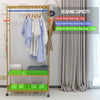 Bamboo Clothes Rail Rack Garment Closet Storage Organizer Hanging Shelf On-Wheel